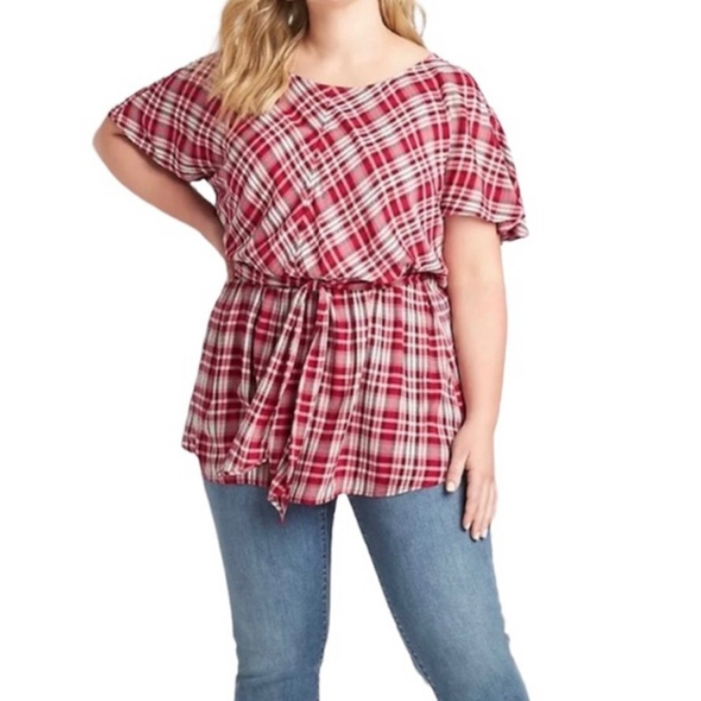 Lane Bryant Red Plaid Ruffle Short Sleeve Belted Tie Shirt